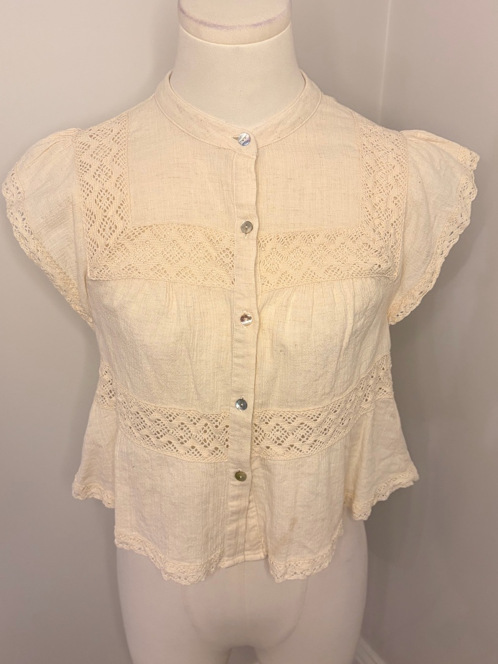 Zara Rustic Crochet Ladder Stitch Top In Oyster Cream Size XS